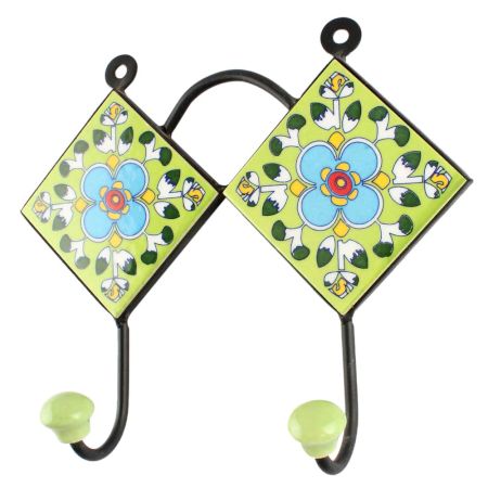 Pea Green Floral Ceramic Tile Wall Hook